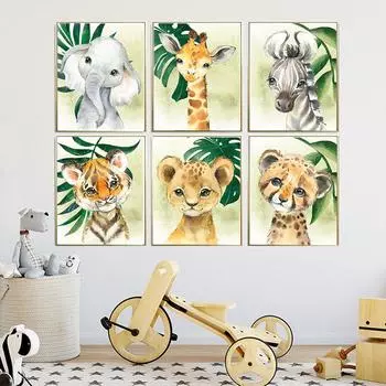 Украшение детской комнаты Детские картины Настенные животные Декор детской комнаты Художественная печать Laminas Decorativas Pared Cuadros Картины на холсте 21x30cm No Framed