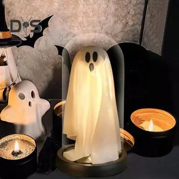 Украшение для дома на Хэллоуин, светящееся привидение в стеклянном колпаке, ночник-призрак для домашней кухни, каминной полки, настольного декора для вечеринки белый