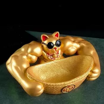 Украшение для хранения Lucky Cat Креативное украшение для гостиной Статуэтка животного из золотой смолы Поделки Muscle Lucky Cat Открытие подарка белый