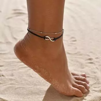 Украшение для ног Lucky Infinite с серебряной цепочкой, модный пляж, двухслойный ножной браслет из черной веревки из сплава, 8 символов, летний ножной браслет
