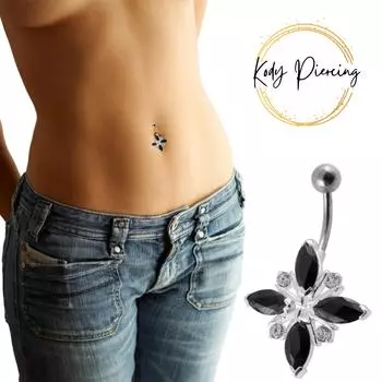 Украшение для пирсинга пупка-цветка из черного кристалла на серебре и стали