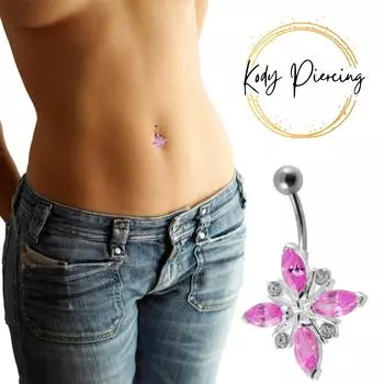 Украшение для пирсинга пупка-цветка из розового кристалла на серебре и стали