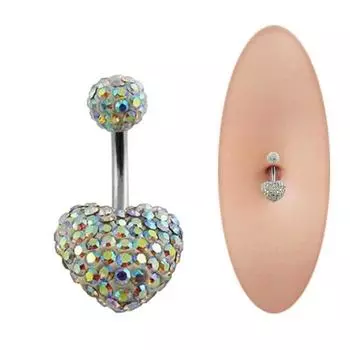 Украшение для пирсинга пупка в виде белого хрустального сердца с хрустальным шариком - хирургическая сталь - длина 10 мм