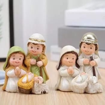Украшение для рождественской сцены из смолы, скульптура из мультфильма «Святое семейство», рождественское украшение для рабочего стола для дома, гостиной, спальни A разноцветный
