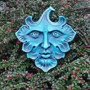 Украшение для стен в виде листа с человеческим лицом, винтажное зеленое, синее, белое, из смолы, скульптура в виде листа, статуэтка для внутреннего и наружного использования в саду, настенное искусство, табличка, орнамент зелёный