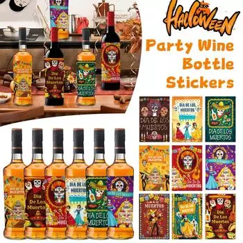 Украшение для вечеринки в День мертвых Наклейки на винные бутылки Этикетки на винные бутылки с изображением скелета Украшение День мертвых One Size