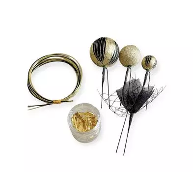 Украшение для волос в японском стиле, черный золотой шар, канзаши, сусальное золото, тюль, мидзухики, церемония, выпускной, свадьба, головной убор, хакама, кимоно чёрный