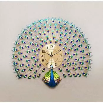 Украшение дома Европейские настенные часы «Павлин» Кристалл Роскошная гостиная Креативная личность Искусство, Металл, Синий, Птицы, Аналоговые (Павлин)