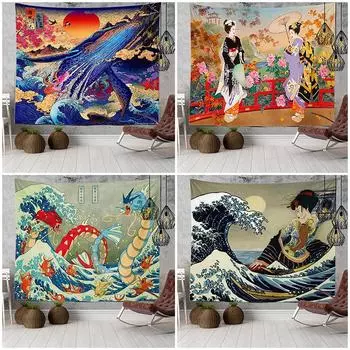 Украшение дома Гобелен для спальни Укиё-э Канагава Гобелен для серфинга Волна Гобелен Украшение гостиной Японская фоновая ткань 100x75cm