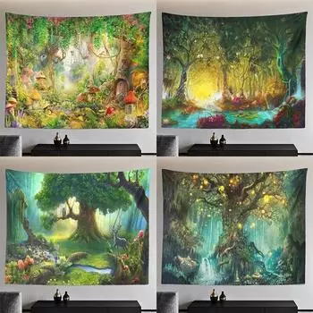 Украшение дома, гобелен, настенный волшебный лес, Древо жизни, эльфийская подвесная ткань, художественное украшение для спальни и комнаты 100x75cm