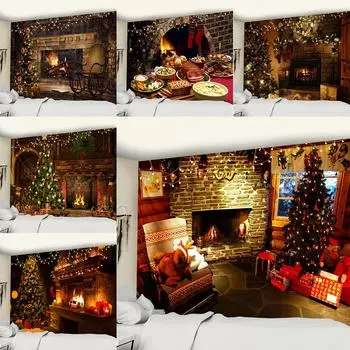 Украшение дома Рождественский гобелен Рождественская елка и камин Домашняя печать Настенный фон Ткань Tapearia de Natal 100x75cm