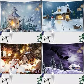 Украшение дома Рождественский палевый милый снеговик подарок мультфильм звезды ночная сцена печать гобелен настенный 100x75cm