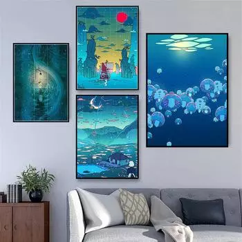 Украшение дома, живопись, постеры, мультяшные ночные луны, настенные художественные принты на холсте, вид на природу, современные картины для спальни, гостиной 21*30cm