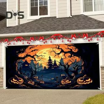 Украшение гаражных ворот на Хэллоуин, тыквенный замок, гаражные ворота, баннер, подвесной фон на Хэллоуин, фреска для стены, окна, двора S