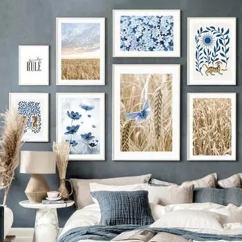 Украшение гостиной Синий цветок Пампасная трава Золотая пшеница Настенная живопись Холст Картина Скандинавские постеры Печать настенных картин Без рамки 21*30cm No Frame