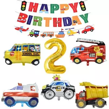 Украшение на день рождения Простой набор для вечеринки Большой набор воздушных шаров с 3D-машиной С днем рождения Баннер на день рождения Дорожный баннер Полицейская машина Алюминиевые шары Школьный автобус