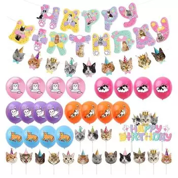 Украшение на день рождения в стиле кошки С ДНЕМ РОЖДЕНИЯ Баннер из латексных шаров Торт Милый набор принадлежностей для вечеринки в виде кошки, топпер,