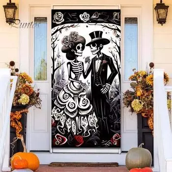 Украшение на дверь на Хэллоуин с изображением скелета на Хэллоуин, знак на входную дверь для свадьбы, баннер для крыльца дома, наружный декор чёрный