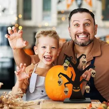 Украшение на елку на Хэллоуин, черное дерево в виде ветки с 6 украшениями в виде черепа, жуткая металлическая настольная фигурка в виде скелета дерева для декора вечеринки на Хэллоуин чёрный