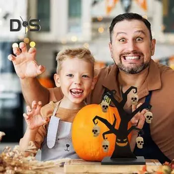 Украшение на елку на Хэллоуин, черное дерево в виде ветки с 6 украшениями в виде черепа, жуткая металлическая настольная фигурка в виде скелета дерева для декора вечеринки на Хэллоуин чёрный