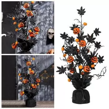 Украшение на Хэллоуин Искусственная тыква Кленовый лист Дерево Настольный центральный элемент Домашнее украшение для праздничного декора чёрный