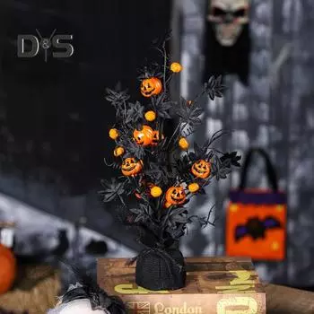 Украшение на Хэллоуин Искусственная тыква Кленовый лист Дерево Настольный центральный элемент Домашнее украшение для праздничного декора чёрный