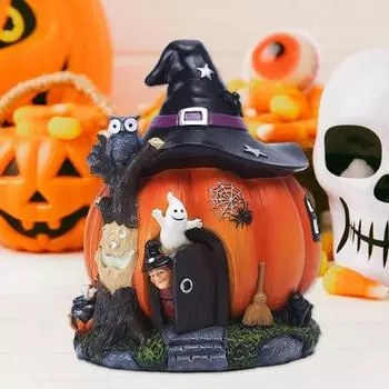 Украшение на Хэллоуин, тыквенный домик, статуэтка с ведьминой шляпой, реалистичная настольная фигурка из смолы, украшение