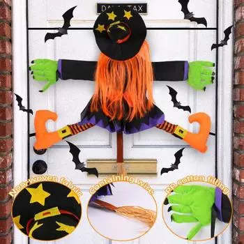 Украшение на Хэллоуин Ведьма Большая Статуэтка Ведьмы, Врезающейся в Дерево Реалистичная Уличная Летающая Ведьма Декор для Двора Патио Веранда Декор Дерева оранжевый