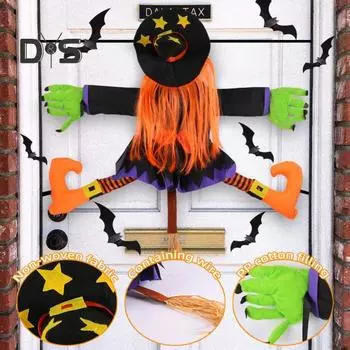 Украшение на Хэллоуин Ведьма Большая Статуэтка Ведьмы, Врезающейся в Дерево Реалистичная Уличная Летающая Ведьма Декор для Двора Патио Веранда Декор Дерева оранжевый