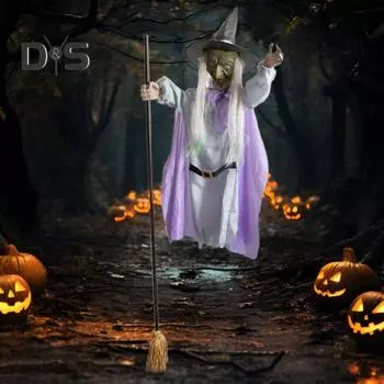 Украшение на Хэллоуин Ведьма Уличная Большая Летающая Ведьма со Страшными Звуками и Огнями Жуткая Плавающая Ведьма с Метлой для Садового Двора Газона 180cm