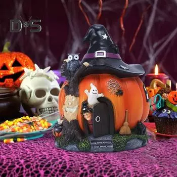 Украшение на Хэллоуин в виде тыквы, статуэтка в виде домика из тыквы с ведьминой шляпой, реалистичная настольная фигурка из смолы, украшение для вечеринки на Хэллоуин разноцветный