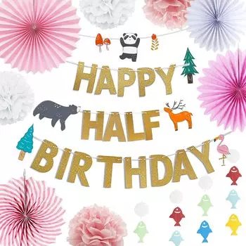 Украшение на полдня для празднования дня рождения Мальчики Девочки Украшения для вечеринки Набор для украшения бумажного веера Украшение на день рождения Счастливая гирлянда на полдня для дня рождения Милая фотография розовый