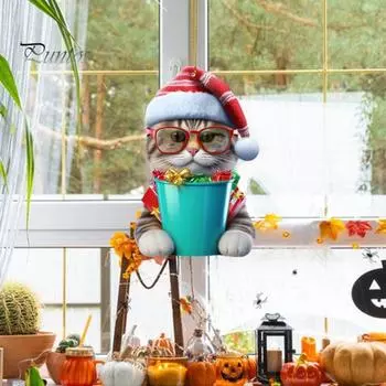 Украшение на рождественскую елку Рождественская фигурка кота с подвеской в шапке Санты 2D Плоское акриловое подвесное украшение для зеркала заднего вида автомобиля Дерево B