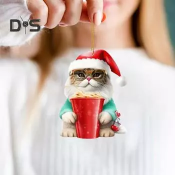 Украшение на рождественскую елку Рождественская фигурка кота с подвеской в шапке Санты 2D Плоское акриловое подвесное украшение для зеркала заднего вида автомобиля Дерево B