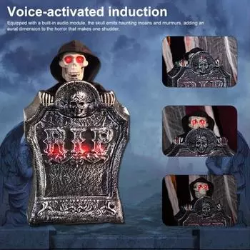 Украшение надгробия на Хэллоуин, освещенное надгробие с жутким голосом, жуткий реалистичный светящийся череп, украшение для