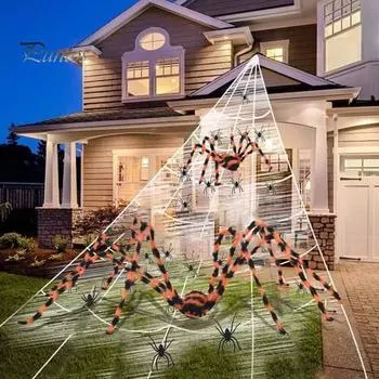 Украшение паука на Хэллоуин. Гигантский волосатый паук на открытом воздухе с гибкими ногами и красными глазами. Страшное реалистичное украшение для двора дома с привидениями. 200cm