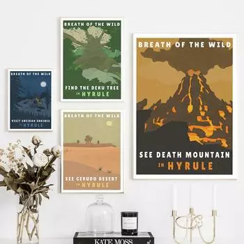 Украшение плаката Zelda Hyrule Village, холст, картина «Дыхание дикой природы», настенные панно для гостиной, современное украшение для дома (с рамкой) 15*20cm(with frame)