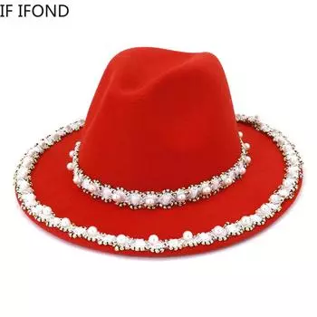 Украшение ручной работы из жемчуга, новый фетровый шерстяной топ с широкими полями, шляпа-федора, зима-осень, элегантные свадебные панамы, джазовые кепки для женщин 56-58cm