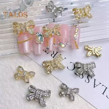 Украшение с бантом для ногтей, глянцевый DIY, легкий, нежный, роскошный, серебристый, золотой, с цирконием, маникюрный декор, женские поставки S серебряный