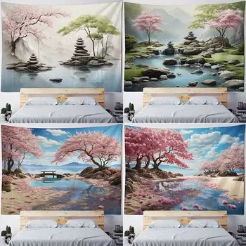 Украшение стены дома Гобелен Фон с изображением персикового цвета на берегу реки Гобелен для гостиной в офисе 100x75cm