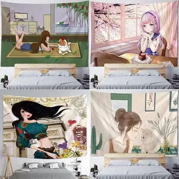 Украшение стены дома Гобелен Мультфильм Милая Девушка Фон Подвесная Ткань Офис Гостиная Гобелен 100x75cm