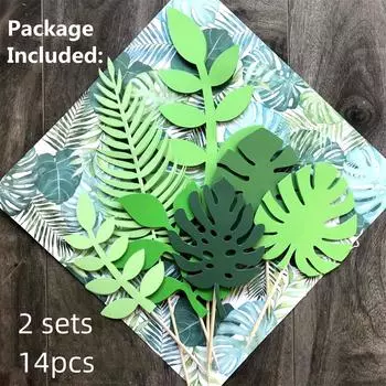 Украшение торта на 1-ю летнюю вечеринку Тропический пальмовый лист Зеленый лист Торт ко дню рождения Табличка Украшение тематической вечеринки Табличка 1Set