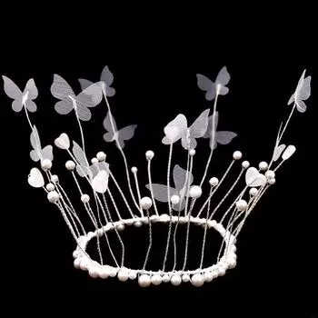 Украшение торта, украшения из запеченных цветов, жемчужная пряжа, бабочка, круглая белая розовая корона, украшения для головы, сцена на день рождения