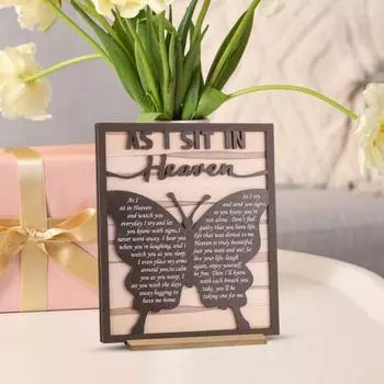 Украшение в рамке из дерева «Бабочка», памятный подарок на скорбь, центральный элемент стола, надпись «Я сижу на небесах», подарок на потерю любимого человека, мама, мама темно-коричневого