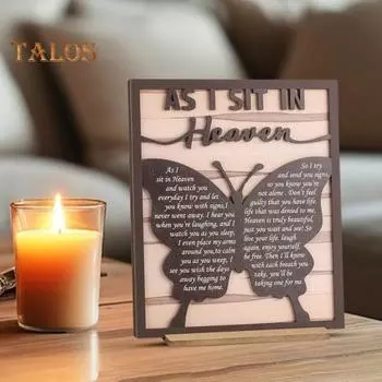 Украшение в рамке из дерева «Бабочка», памятный подарок на скорбь, центральный элемент стола, надпись «Я сижу на небесах», подарок на потерю любимого человека, мама, мама темно-коричневого