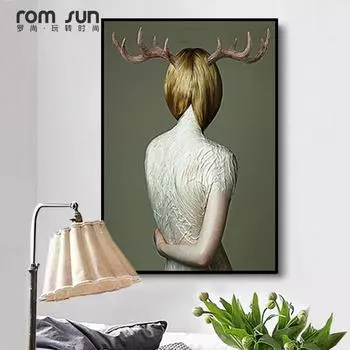 Украшение в скандинавском стиле, рога оленя, девушка, плакат на спине и принт, настенное искусство для гостиной, мода, Cuadros Decoracion Salon Ins 20cm40cm NoFrame
