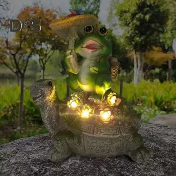 Украшение в виде лягушки с грибным зонтиком, сидящее на сочной черепахе. Ремесло из смолы. Модель животного на солнечной энергии. Световой сад. Патио. Украшение газона для двора. зелёный