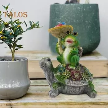 Украшение в виде лягушки с грибным зонтиком, сидящее на сочной черепахе. Ремесло из смолы. Модель животного на солнечной энергии. Световой сад. Патио. Украшение газона для двора. зелёный