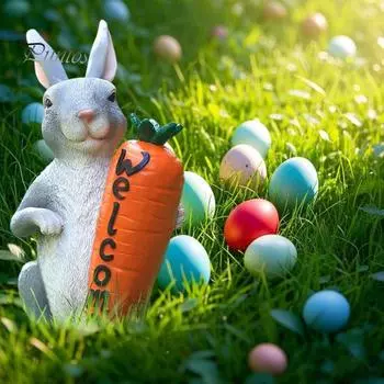 Украшение в виде пасхального кролика, статуэтка кролика из смолы, приветственная статуэтка кролика с морковкой для патио, двора, газона, уличного художественного декора Rabbit