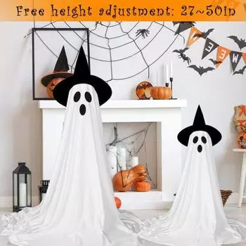 Украшение в виде привидения на Хэллоуин, стоящее на открытом воздухе привидение в шляпе ведьмы, регулируемая по высоте фигурка на Хэллоуин с гирляндой для крыльца и двора 1pc белый